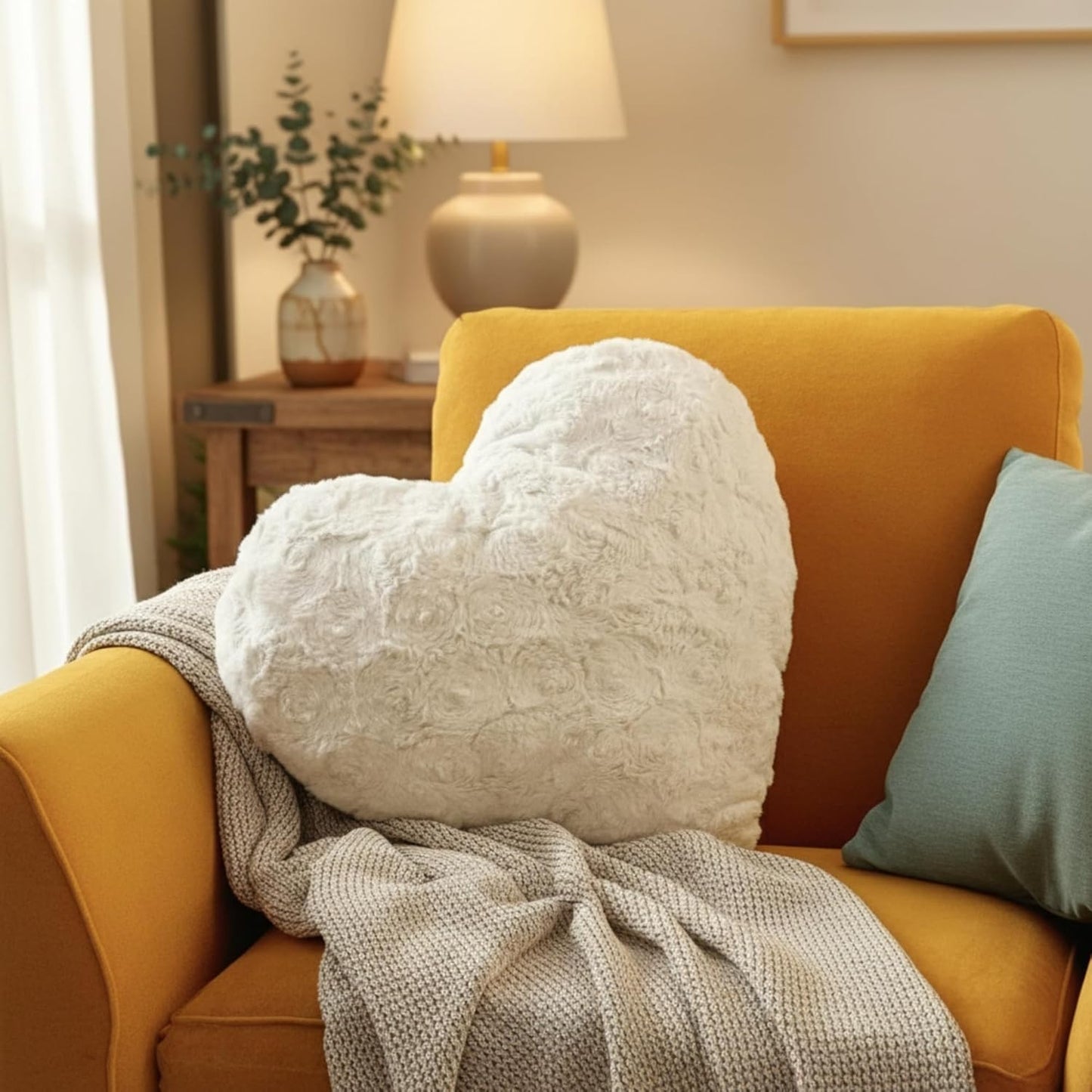 DaDalogy Bedding Luxury Dreamy White Faux Fur Heart Pillow - Lovely Valentine Gift Throw Cushion with Sewn Insert - Fluffy Cute Romantic Soft Sherpa Backside | Upgraded- 16” x 14”