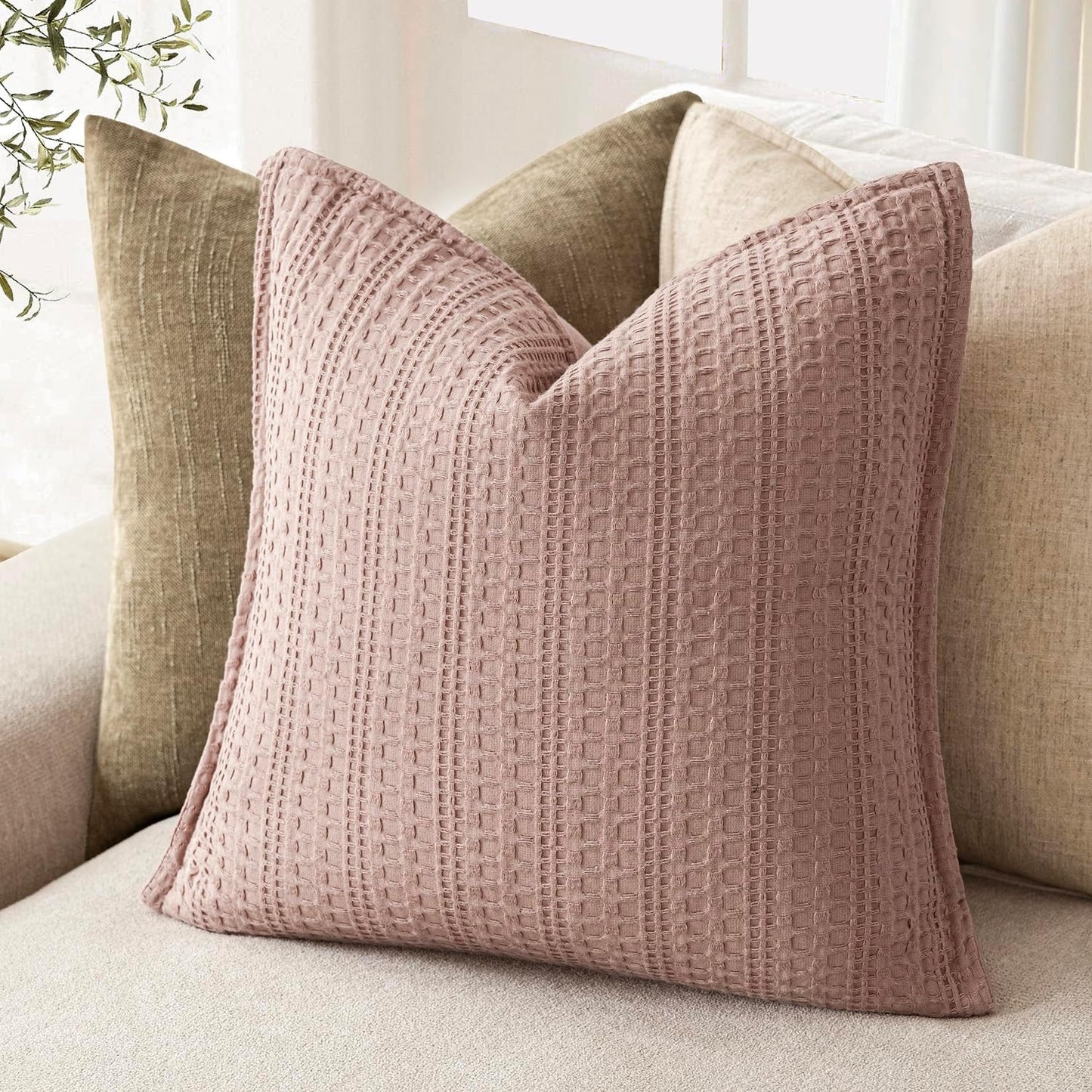 Foindtower Set of 2 Decorative Cotton Waffle Weave Throw Pillow Covers Euro Shams Cushion Covers Accent European Pillowcase for Bed Couch Sofa Bedroom Living Room Home Decor 18×18 Inch Dusty Pink