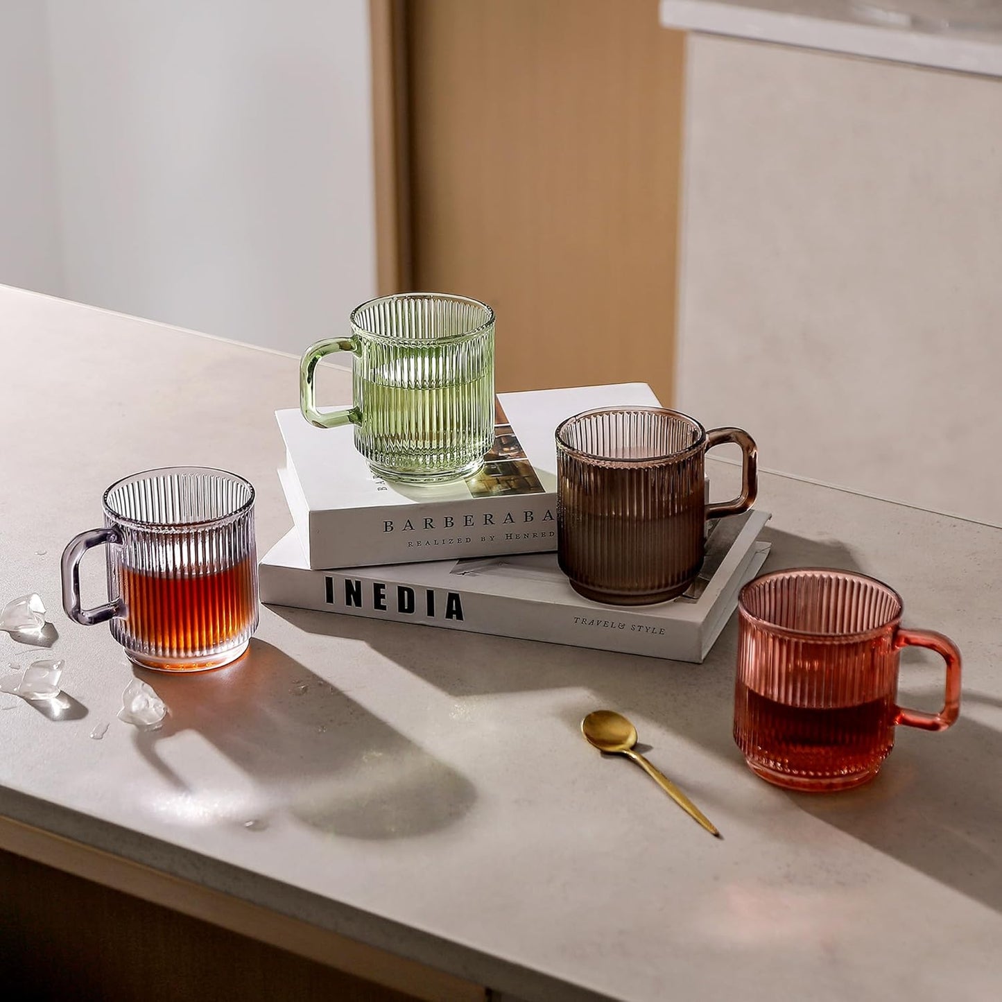 Lysenn Glass Coffee Mug with Lid - Premium Classical Vertical Stripes Glass Tea Cup - for Latte, Tea, Chocolate, Juice, Water - Lead-Free - Bamboo Lid - Lime Green