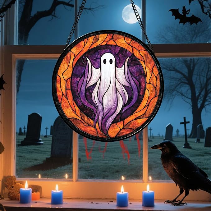 Stained Glass Window Hanging - Halloween Decorations White Purple Ghost Suncatcher for Doors Garden Indoor Spooky Funny Sun Catchers Gothic Decor Horror Gifts for Women Men Friend 6.3 in