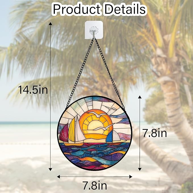 Stained Glass Window Hanging, Sailboat and Waves Suncatcher Diamond Glass Panel Hangings Sun Catchers Decor for Birthday for Women, Men, Wife, Aunt, and Mom 7.8 in