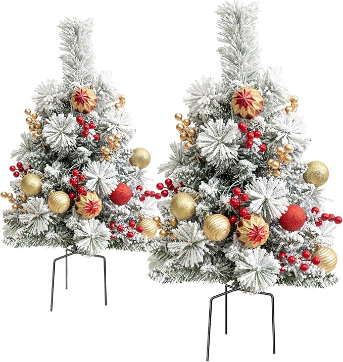 24'' Mini Artificial Christmas Tree with LED Lights and Faux Berrys, PreLit Snow Flocked Xmas White Trees, Christmas Porch Small Fake Trees for Outdoor, Home, Porch & Yard - Set of 2
