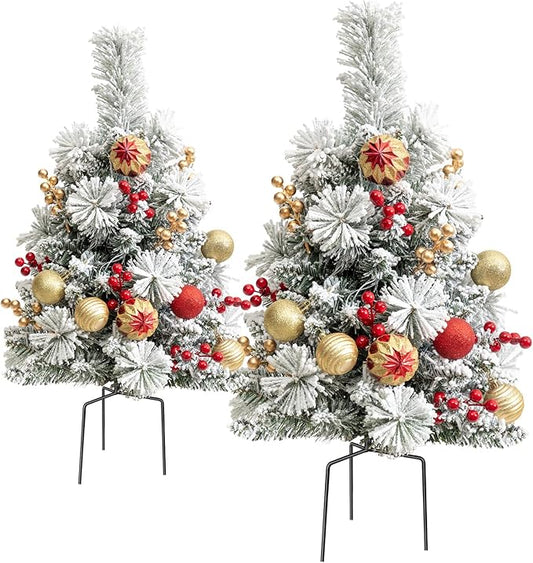 24'' Mini Artificial Christmas Tree with LED Lights and Faux Berrys, PreLit Snow Flocked Xmas White Trees, Christmas Porch Small Fake Trees for Outdoor, Home, Porch & Yard - Set of 2