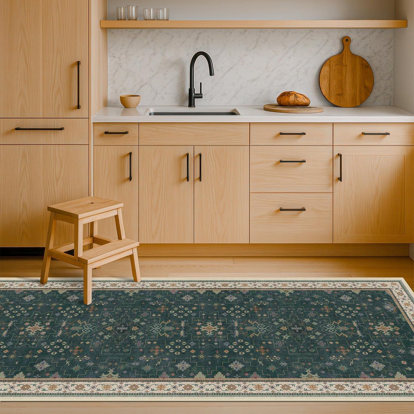 Dark Green 2x8 Non Slip Kitchen Runner Rugs - Modern Vintage Boho Eclectic Floral Pattern, Washable Low Pile Non-Slip 8ft Long Runner Rugs for Hallway, Entrance