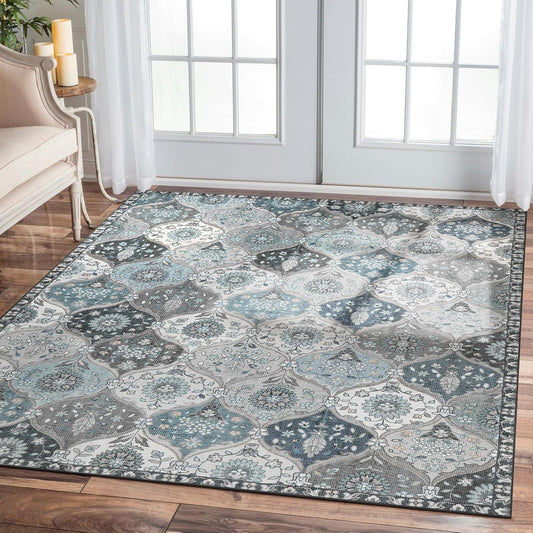 Lahome Moroccan Washable Area Rug 6x9, Ultra-Thin Large Living Room Rugs for Bedroom, Oriental Trellis Distressed Non Shedding Throw Carpet for Dining Room Office, Blue