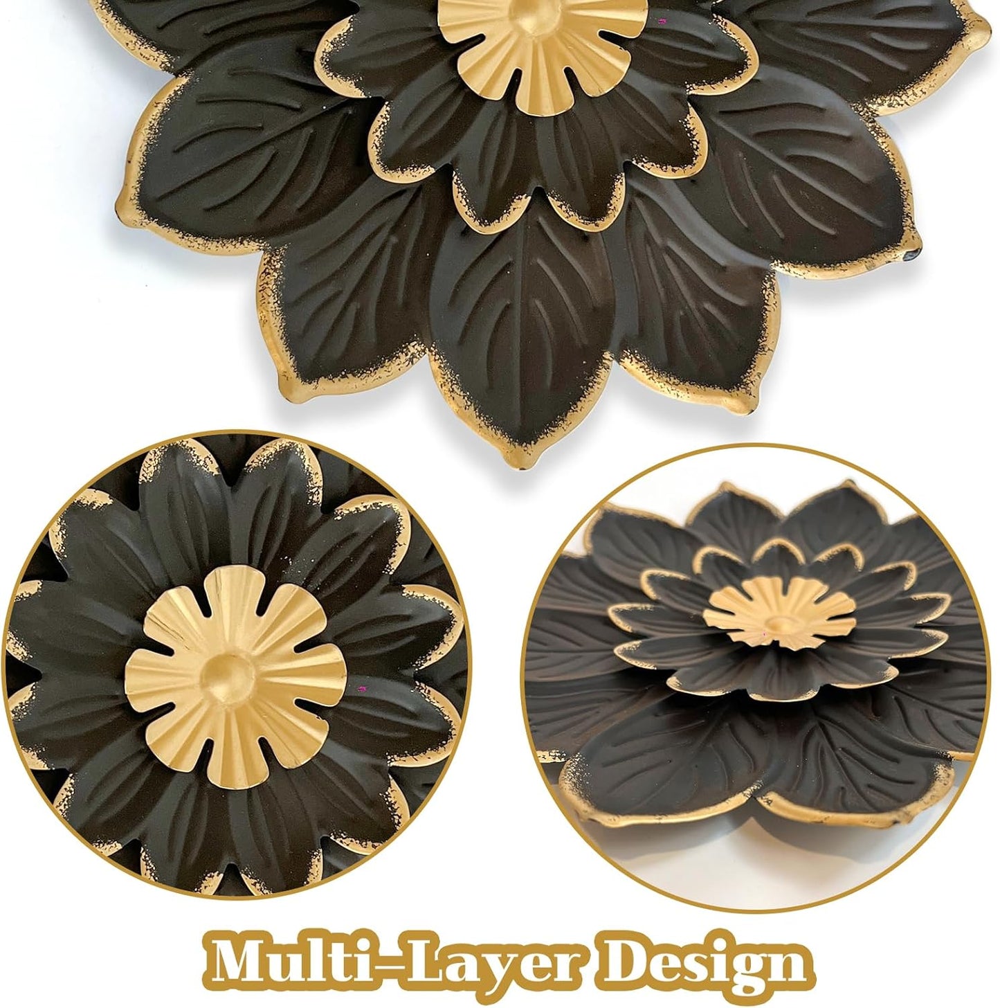 LIFFY 9.2“ Black and Gold Metal Flower Wall Art, Modern Rustic Floral Decor for Indoor Living Room Bedroom Office Outdoor Garden Patio Yard
