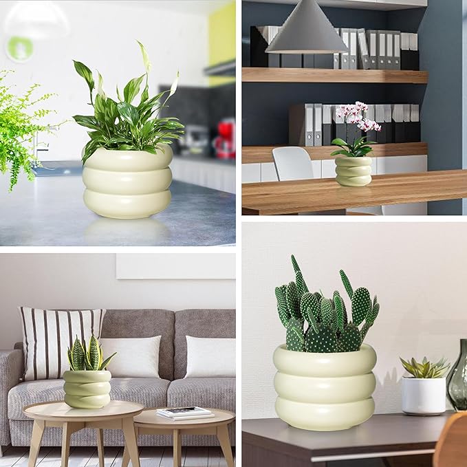 4.7 Inch Modern Plant Pot Beige Ceramic Glaze Succulent Planters for Indoor Unique Pots, Planter with Drainage Holes Small Bubble Porcelain for Herb Snake Plants
