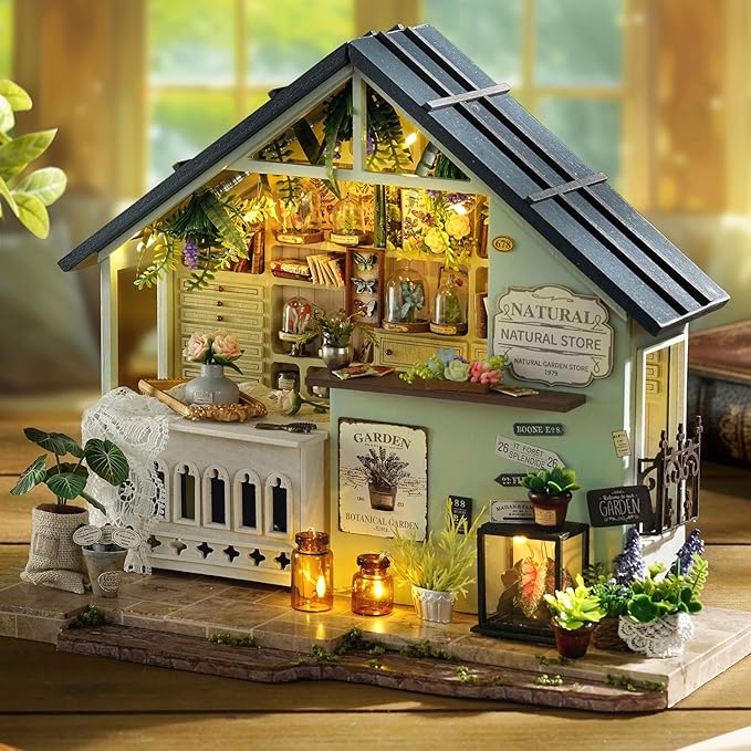 TuKIIE DIY Miniature House Kit with Furniture, 1:24 Scale Creative Room Mini Wooden Dollhouse Book Nook Plus Dust Proof & Music Movement for Kids Teens Adults(Plants Studio)