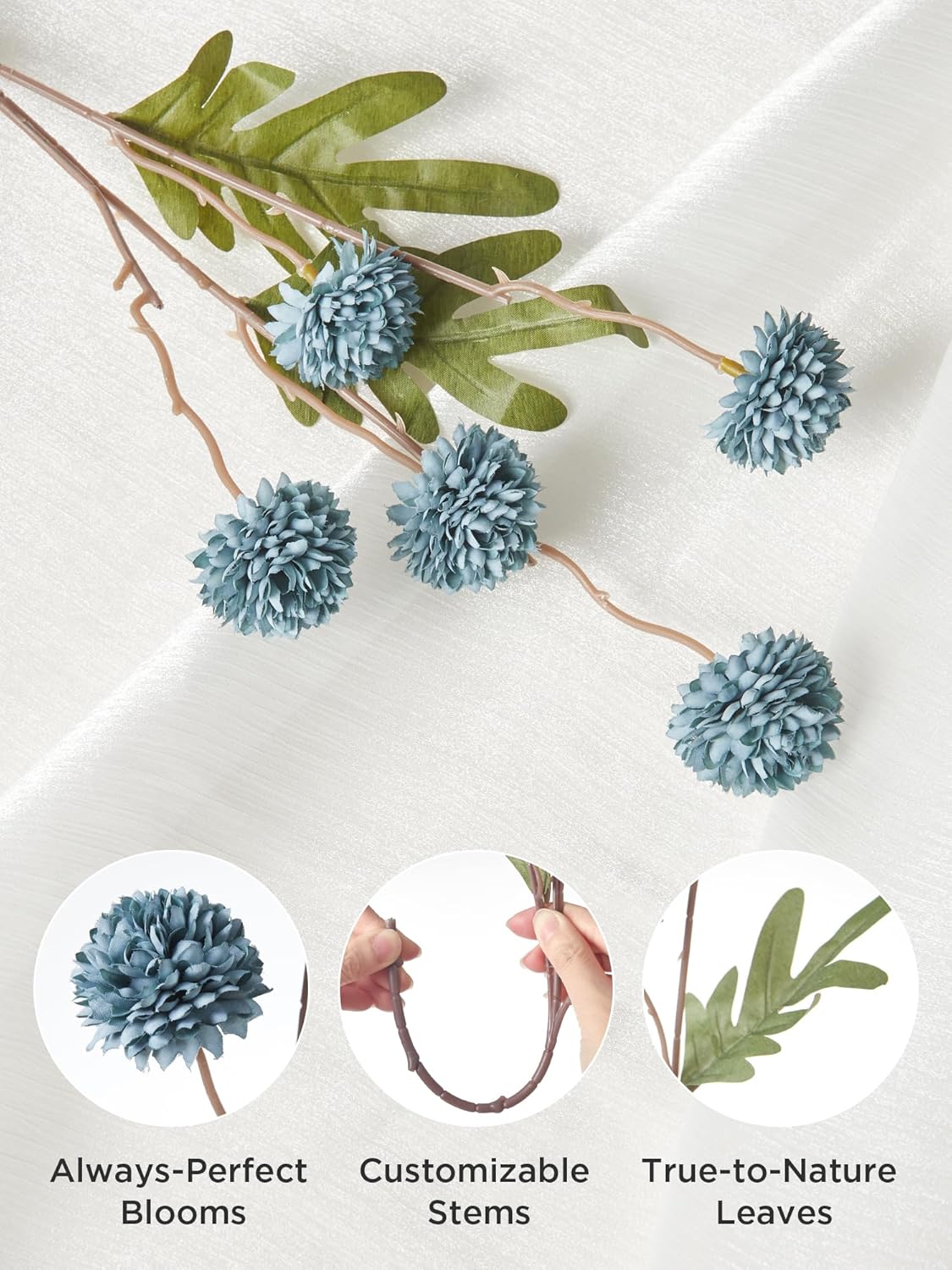 InnoGear Silk Flowers Pompon Mums Artificial Flowers, 5pcs 25 Heads Fake Mini Chrysanthemums with Long Stems Bulk Faux Kiku Flower for Decoration Memorial DIY Wedding Bouquets Centerpieces, Dusty Blue