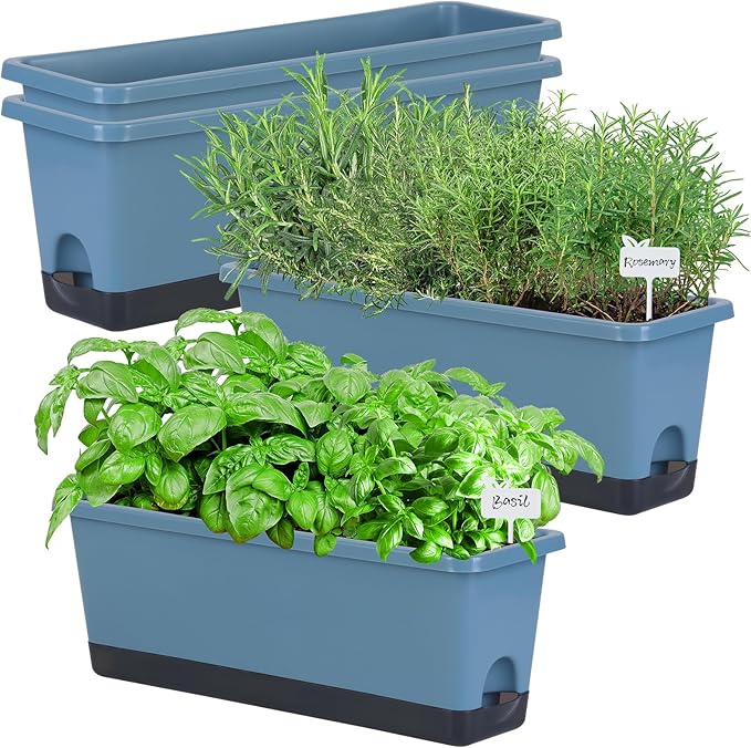 Window Box Planter 4 Packs, 17 Inches Rectangle Flower Pots with Drainage Holes & Trays, Pots for Vegetables, Herbs, Flowers, Garden Windowsill Balcony (Blue, 17 * 5.1 * 6 inch)