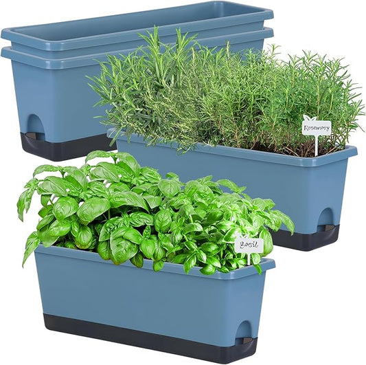 Window Box Planter 4 Packs, 17 Inches Rectangle Flower Pots with Drainage Holes & Trays, Pots for Vegetables, Herbs, Flowers, Garden Windowsill Balcony (Blue, 17 * 5.1 * 6 inch)
