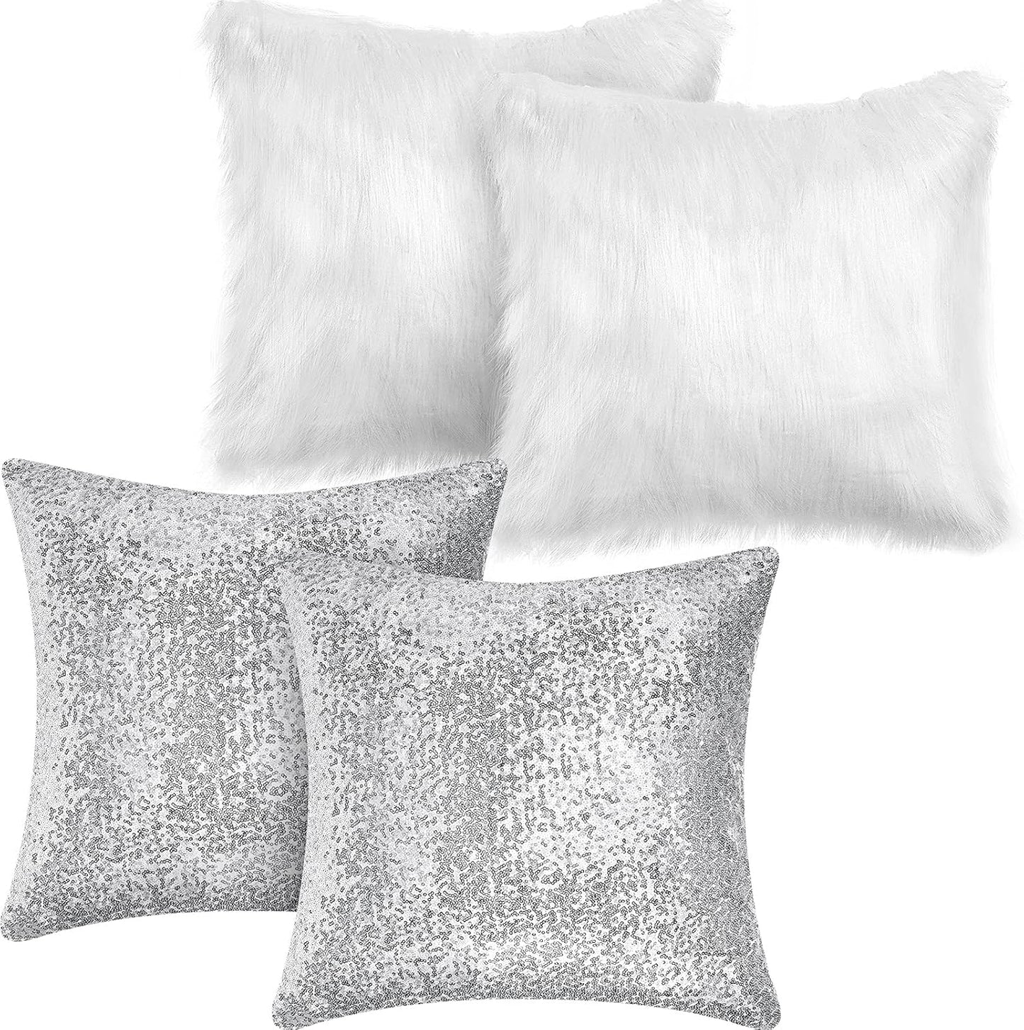 Irenare 4 Pcs Sequin and Fluffy Pillow Covers Winter Throw Pillow Cases Soft Cushion Cover for Couch Bed Sofa Xmas Day(18 x 18 Inch,White, Silver)