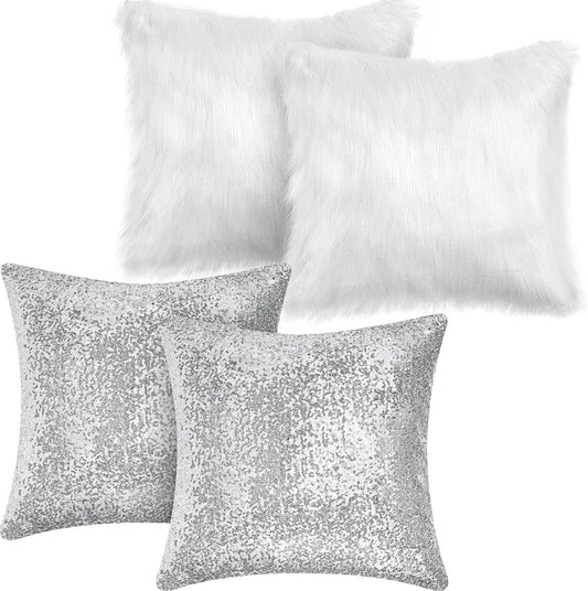 Irenare 4 Pcs Sequin and Fluffy Pillow Covers Winter Throw Pillow Cases Soft Cushion Cover for Couch Bed Sofa Xmas Day(18 x 18 Inch,White, Silver)