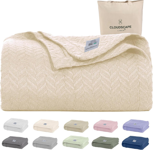Cloud Scape Linen Herringbone Cotton Throw Blanket for Couch, Bed,Sofa, Home Decor, Soft, Lightweight, All-Season Bed Blanket, 50 x 70, Ivory