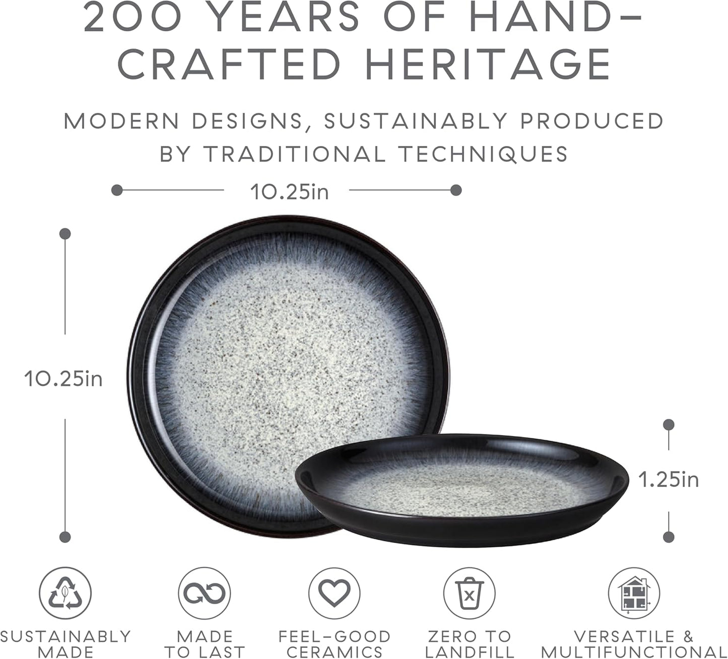 Denby - Halo Coupe Dinner Plates Set of 6-10.25 Inch Reactive Glaze, Dishwasher Microwave Oven Safe - Scratch Chip Resistant - Grey, Black Large Ceramic Stoneware Dinnerware Plates Set