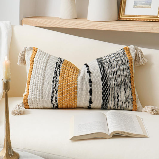 BlissBlush Fall Decorative Lumbar Throw Pillow Cover 14x24 Boho Yellow Mustard Accent Cushion for Couch Sofa Farmhouse Pillowcase for Bedroom Living Room Home Décor Cover ONLY