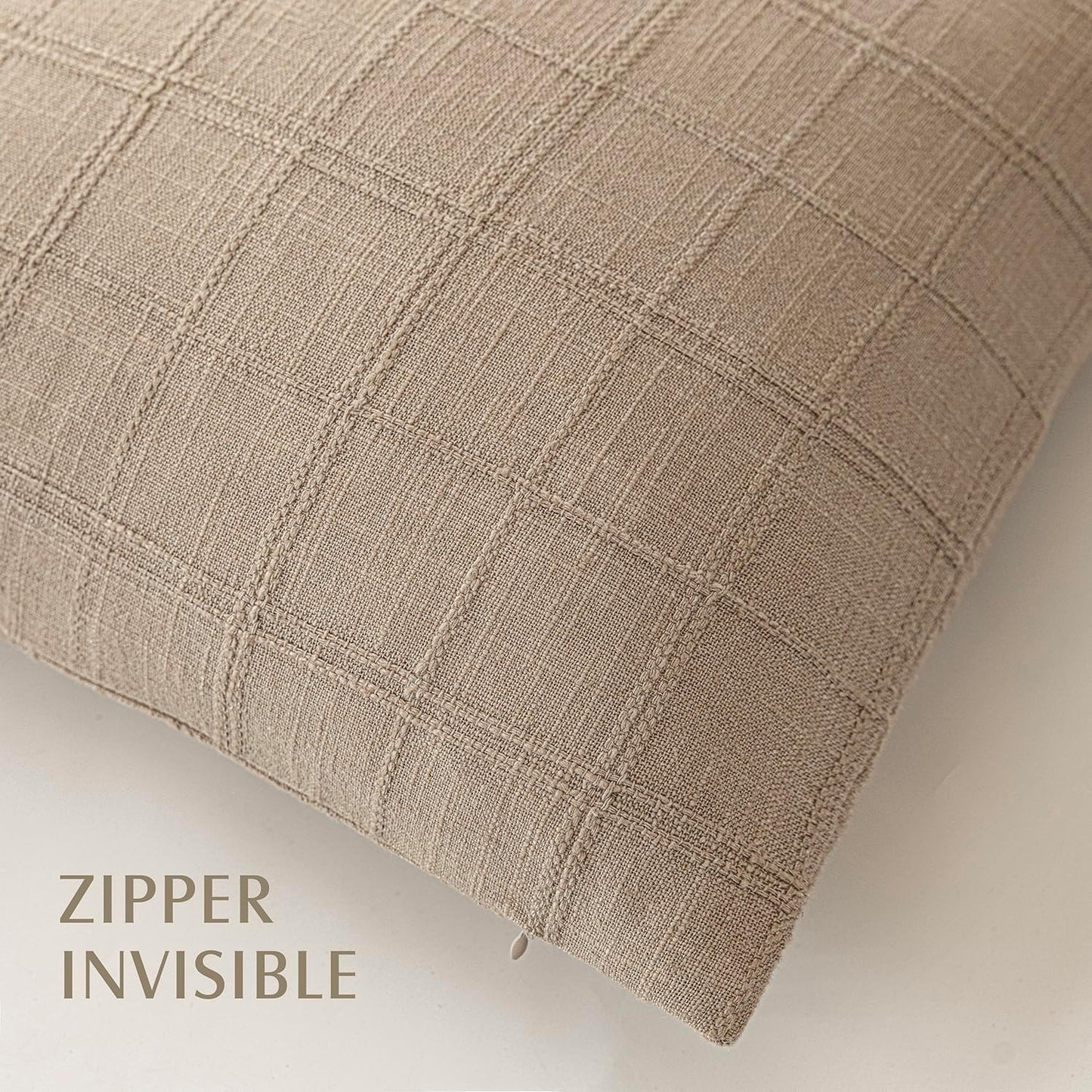 Foindtower Set of 2 Decorative Linen Check Throw Pillow Covers Neutral Farmhouse Vintage Cushion Covers Modern Coastal Boho Home Decor for Sofa Chair Couch Bedroom Living Room,24×24 Inch,Camel