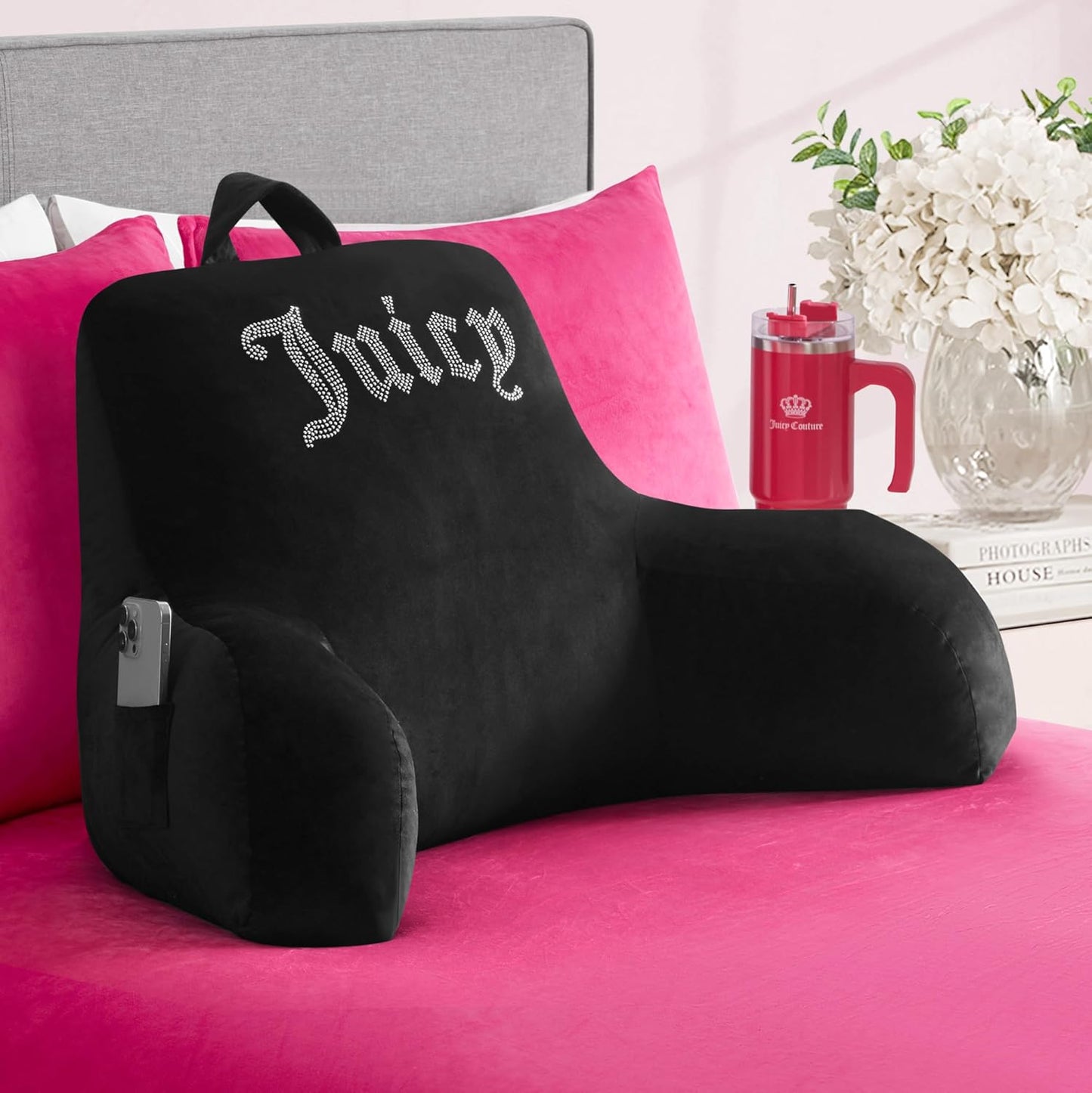 Juicy Couture Velour Backrest Pillow with Rhinestone Juicy Logo - 30"x17", Black Supportive Bed Rest Pillow for Reading, Gaming, or Relaxing