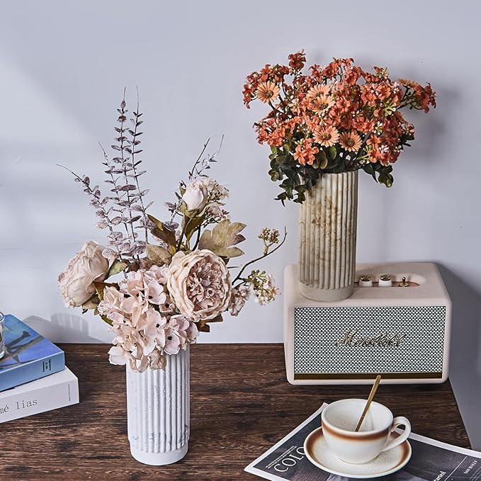 Cylinder Vase 8 Inch - Natural Travertine Textured Ribbed Resin Vase for Pampas Grass, Flowers, Home Decor | Decorative Centerpiece for Entryway, Countertop, Nightstand | Housewarming Gift (Beige)