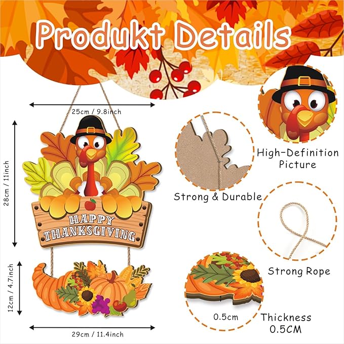 ﻿Ausril Fall Door Decor Turkey,Happy Thanksgiving Day Sign,Pumpkin Turkey Sign for Front Door,Welcome Autumn Wall Hanging,Harvest Thanksgiving Day Wreath for Home Farmhouse Porch Yard Party Outdoor