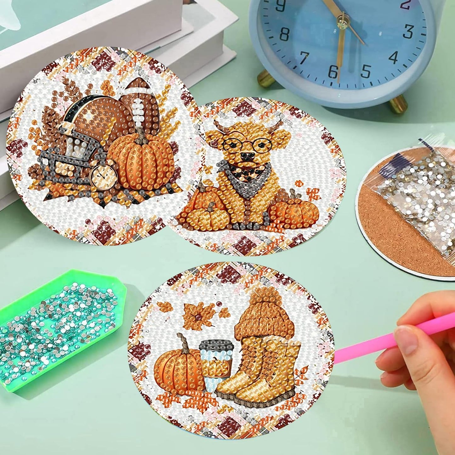 Meothan 8 Pcs Diamond Art Coasters Kits for Adults with Holder Cork Pads, Fall Diamond Dots Art Painting Coasters Crafts Kit for Home Office Decor (Autumn Theme)