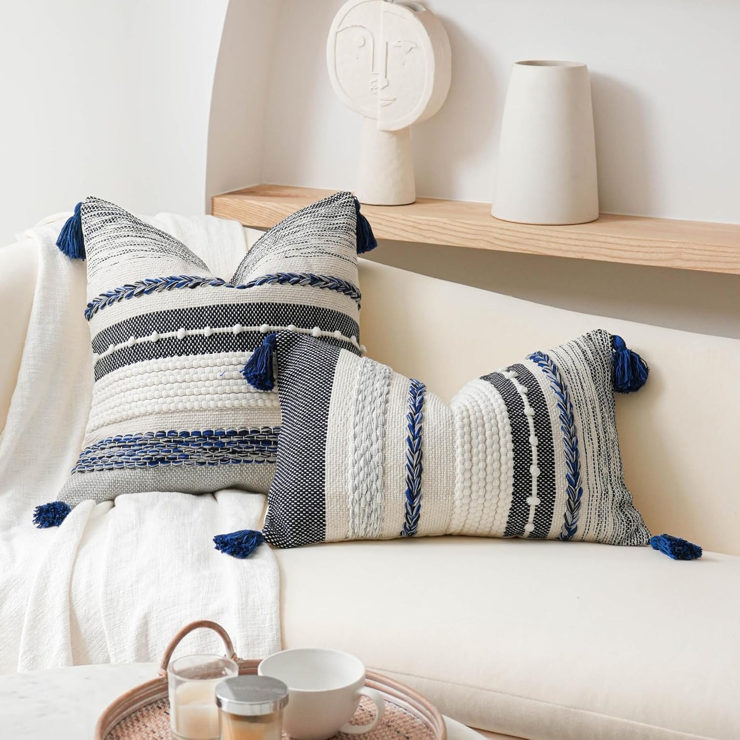 BlissBlush Navy Dark Blue Decorative Throw Pillow Cover 20x20 Square Boho Accent Pillowcase Tassels Farmhouse Cushion for Couch Sofa Bedroom Living Room Home Décor Cover ONLY