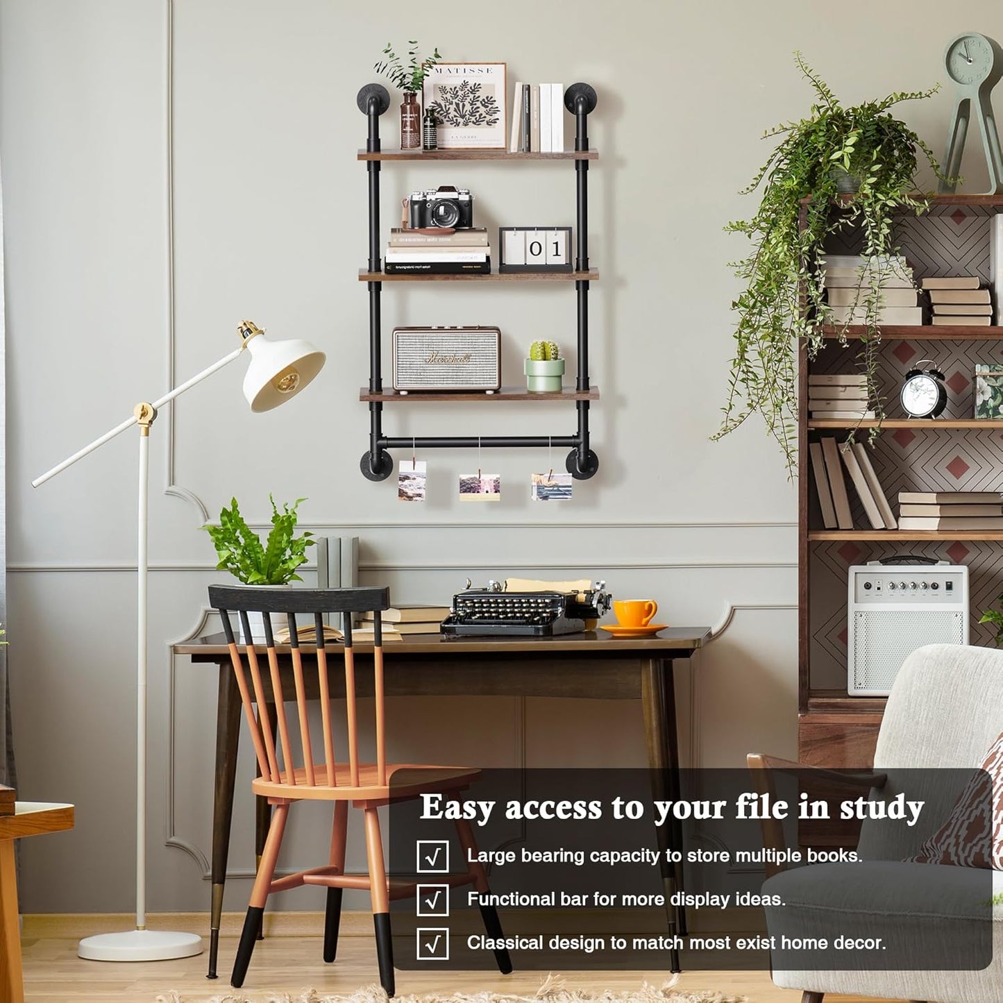 Merapi 24" Industrial Floating Shelves with Tower Bar, Pipe Shelves for Wall, 3 Tier Rustic Wood Wall Shelves for Home Décor, Bedroom, Living Room, Bathroom