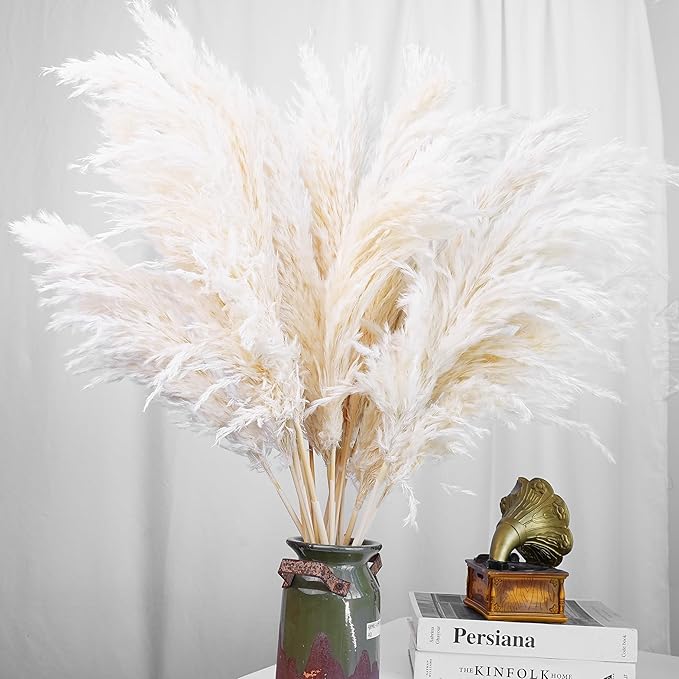 20 PCS Dried Flower, 30-inch Tall Nature Pampas Grass Bouquet Decor - Boho Flowers and Feathers for Centerpieces, Perfect for Tall Floor Vase Fillers, Living Room, and Wedding Decor(White, Natural)