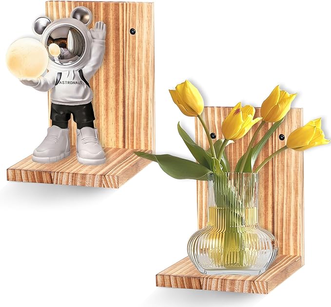 Small Wall Shelf,L-Shaped Small Floating Shelves for Plants Speaker Table Lamp Display,Wooden Ledges Indoor Modern Midcentury Decorative for Gallery Living Room Porch,Pine,2 Pack（Carbonized Brown）