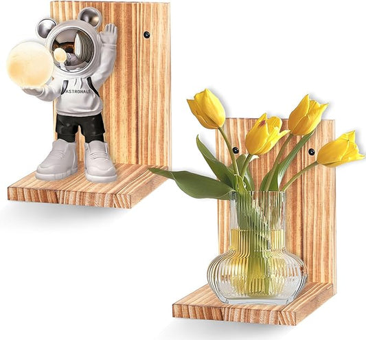 Small Wall Shelf,L-Shaped Small Floating Shelves for Plants Speaker Table Lamp Display,Wooden Ledges Indoor Modern Midcentury Decorative for Gallery Living Room Porch,Pine,2 Pack（Carbonized Brown）