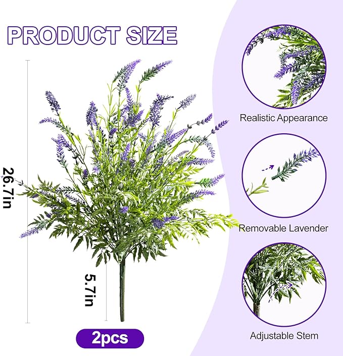 2 Bundles Artificial Lavender Flower Artificial Greenery Stems Fake Lavender Flower Plant Real Touch Silk Faux Plants Branches for Indoor Porch Patio Greenery Farmhouse Garden Office Decor (Type 1)