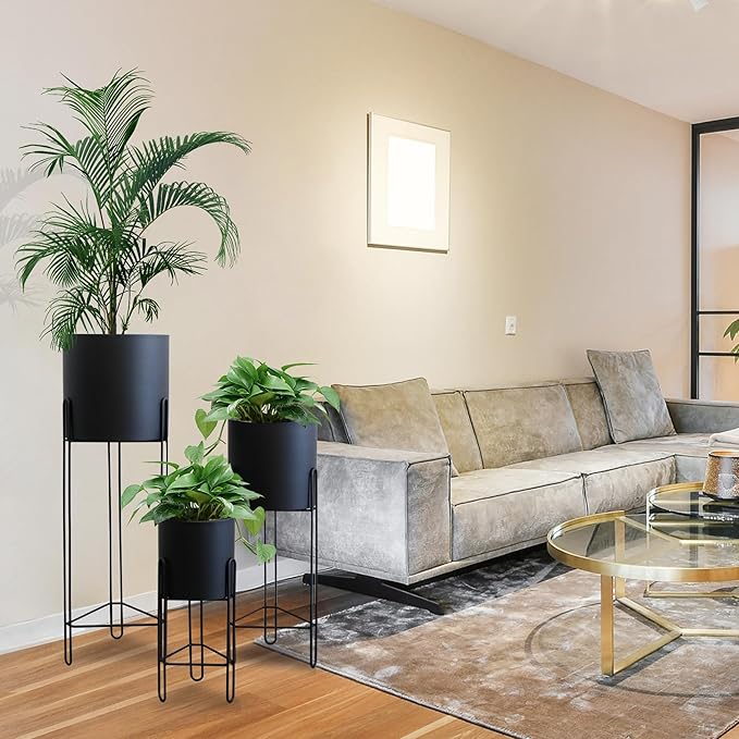 TRIROCKS Set of 3 Planters with Stand Indoor Otdoor Tall Planters for Indoor Plants 29 &18 &12" Morden Planters Flower Pots for Living Room Corner Kitchen Office Garden Balcony Patio Decor(Black)