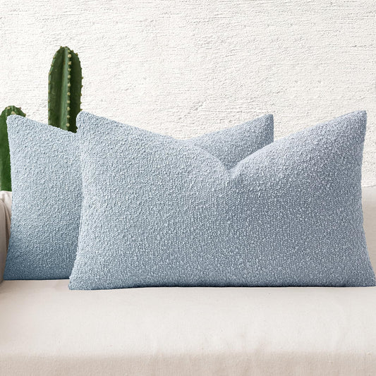 MIULEE 12x20 Inch Decorative Lumbar Throw Pillows for Bed Set of 2 Textured Boucle Neutral Winter Throw Pillow Covers Light Blue Accent Solid Pillowcases Sofa Livingroom Home Decor