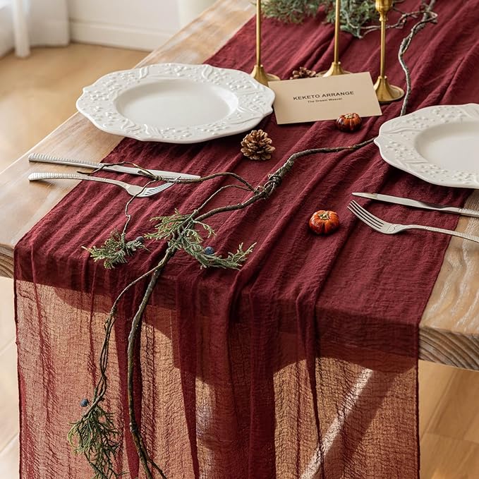 3pcs Burgundy Cheesecloth Table Runner Gauze 120 Inch 10 FT Rustic Boho Cheese Cloth Runner for Wedding Baby Shower Bridal Shower Engagement Birthday Party Long Sheer Home Decorations
