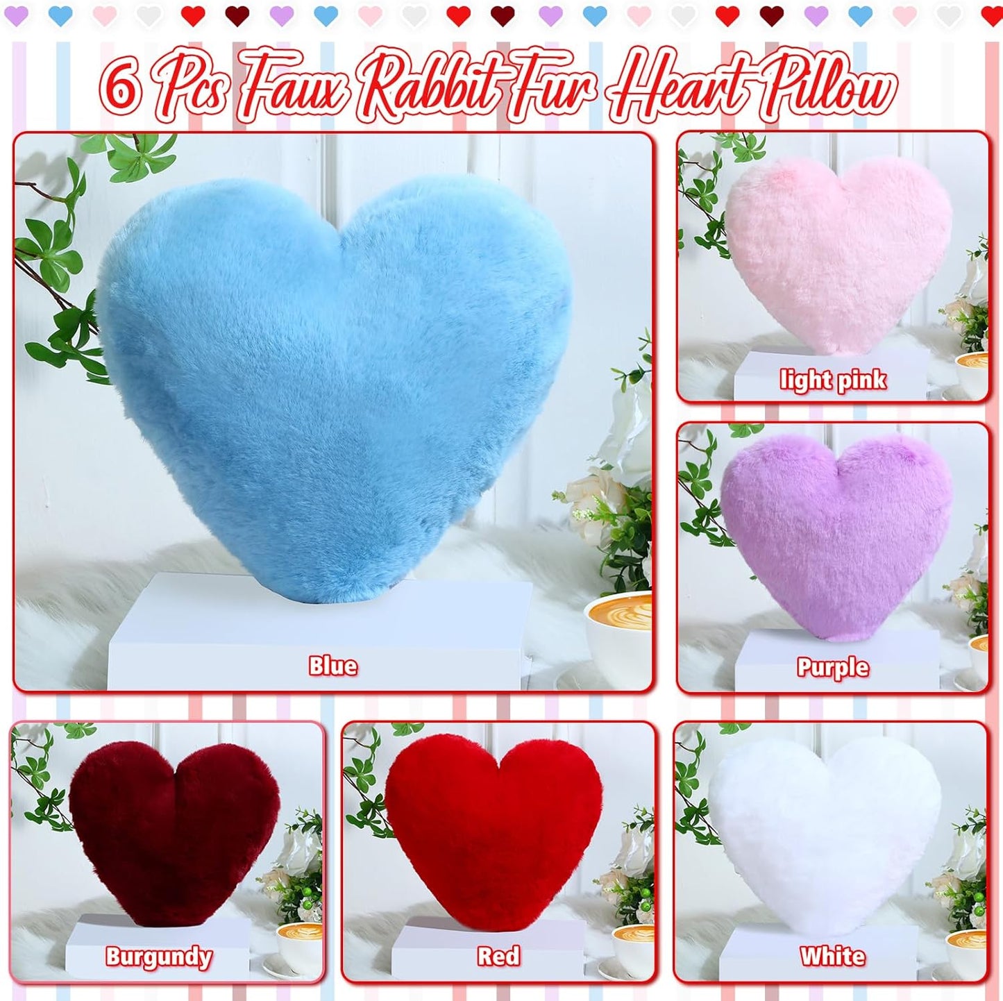 Liliful 6 Pcs Faux Rabbit Fur Heart Pillows Helloween Fluffy Heart Throw Pillows Christmas Cute Couch Cushion Soft Decorative Throw Cushion for Bed Sofa Girls Women(12 x 11 Inch,Cute Color)