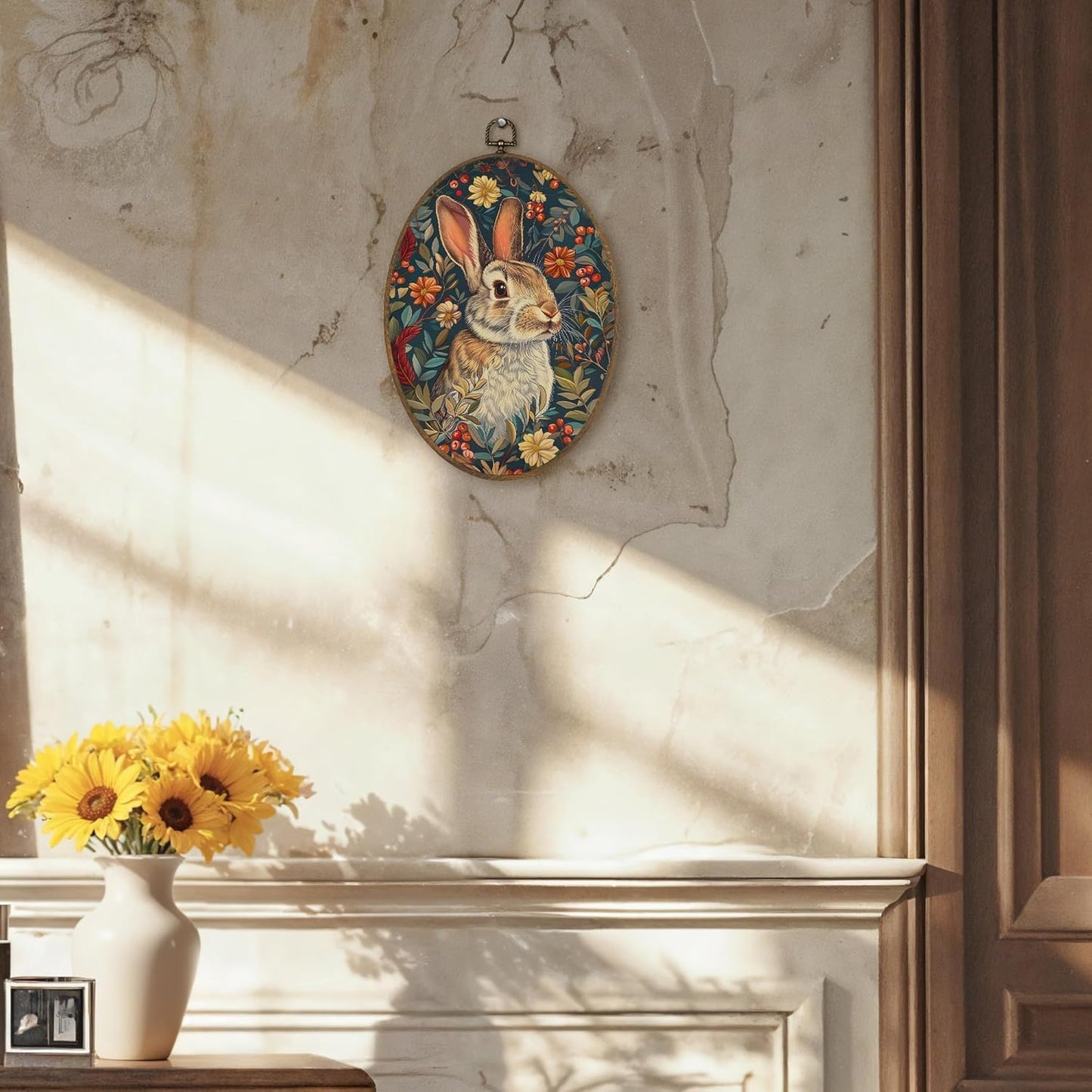 LKETW Floral Bunny Oval Wall Art Decor, Cottagecore Bunny Floral Botanical Oval Canvas Hanging Decor, Rustic Retro Rabbit Wall Decorations for Home Bedroom Living Room, 8.6x11.4 Inch