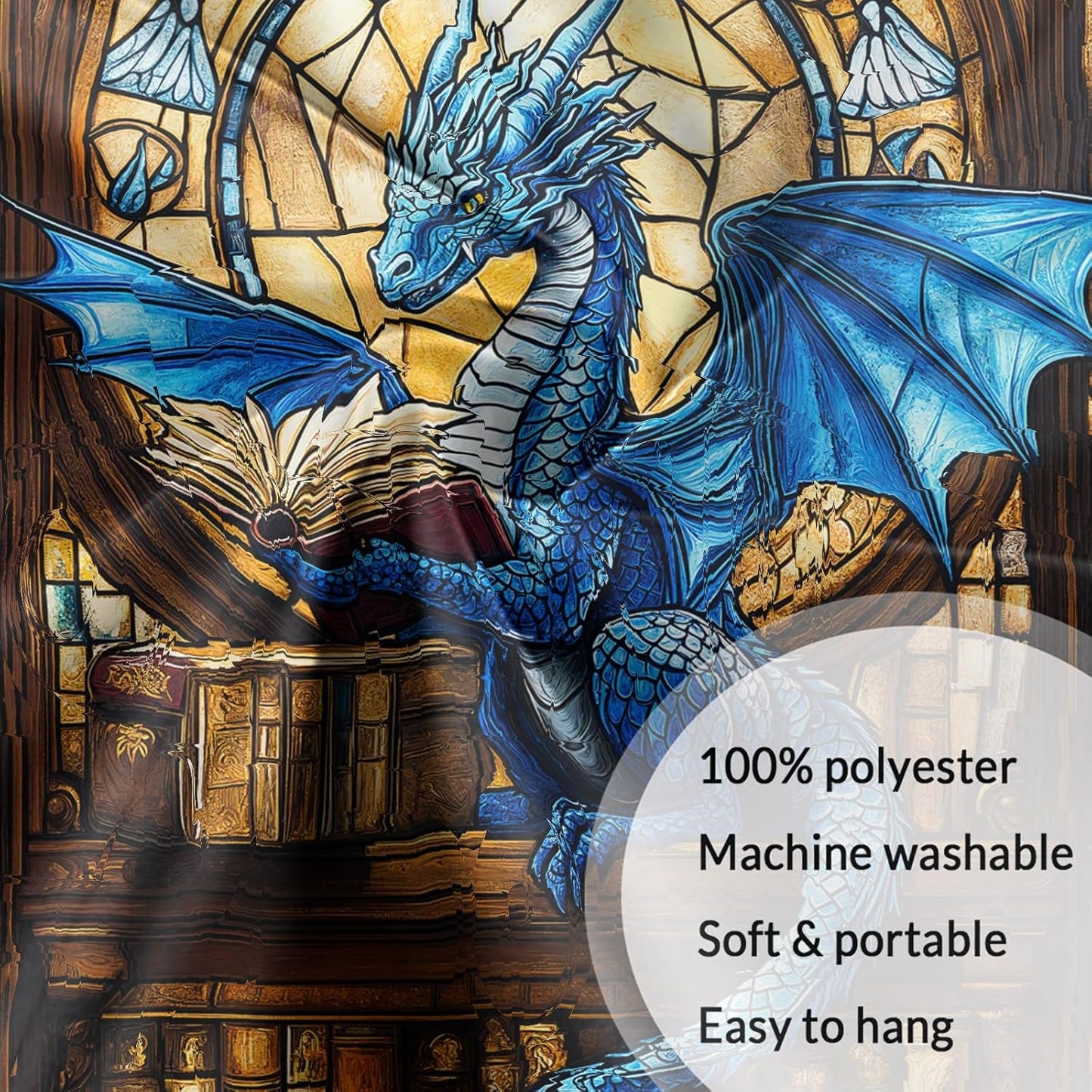 DYNH Blue Book Dragon Art Tapestry,Vintage Medieval Dragon Reading Books Wall Decor,Bookshelf Stained-glass Window Wall Hanging for Classroom Home Bedroom Living Room,30X40Inches