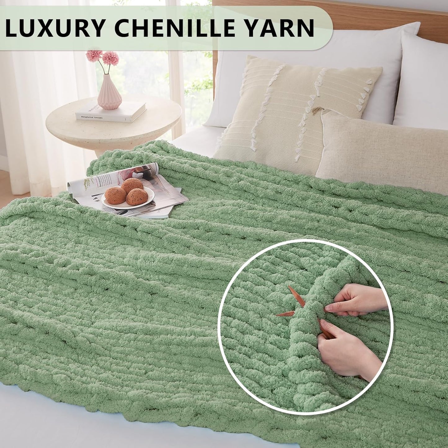 L'AGRATY Chunky Knit Blanket Throw - Soft Throw Blanket 60x80: 100% Hand Kintted Chenile Crochet Throw Blanket for Couch - Large Cable Knit Blanket for Home Decor (Sage Green)