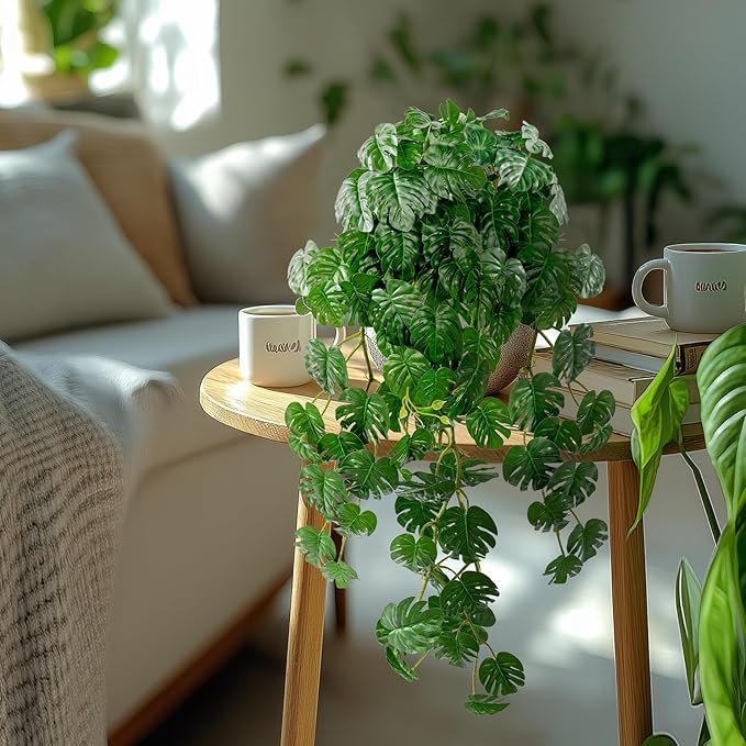 2 PCS Artificial Hanging Plants, Fake Hanging Monstera Leaves Ivy Vine Faux Greenery Tropical Palm Leaves Outdoor Hanging Plants Leaf Plant for Garden Home Decor