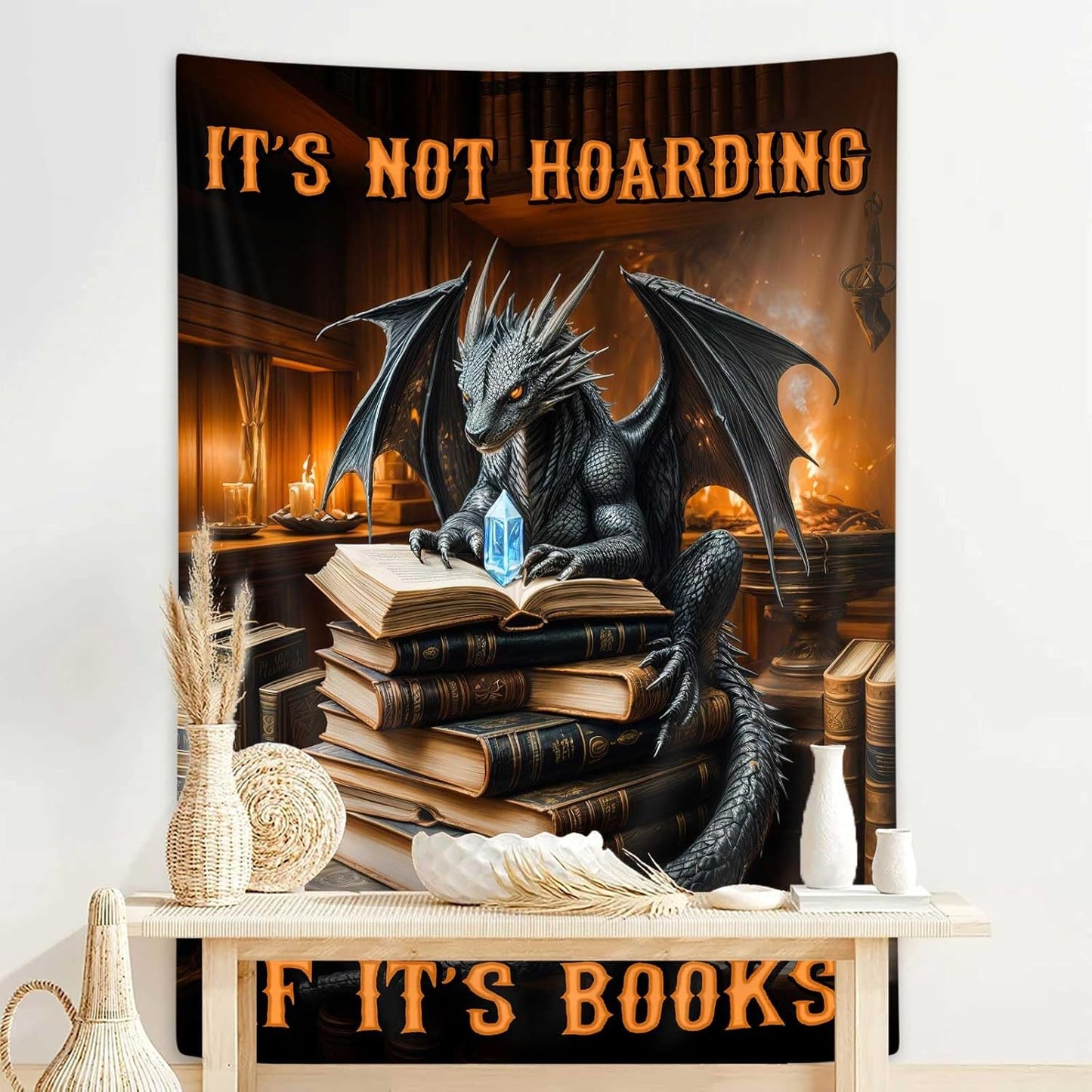 DYNH Black Book Dragon Art Tapestry,Vintage Medieval Dragon Wall Decor, It's Not Hoarding If It's Books,Wall Hanging for Book Lover Library Classroom Reading Nook Home Bedroom Living Room,36X48Inches
