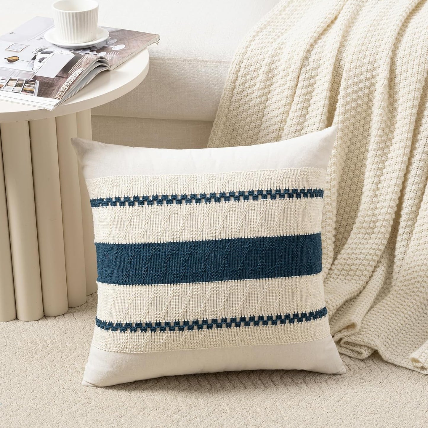 Fancy Homi Set of 2 Boho Teal Decorative Throw Pillow Cover 18x18 Inch for Couch Bed Sofa, Aesthetic Modern Organic Farmhouse Home Decor, Soft Cotton Cute Accent Macrame Woven Cushion Case