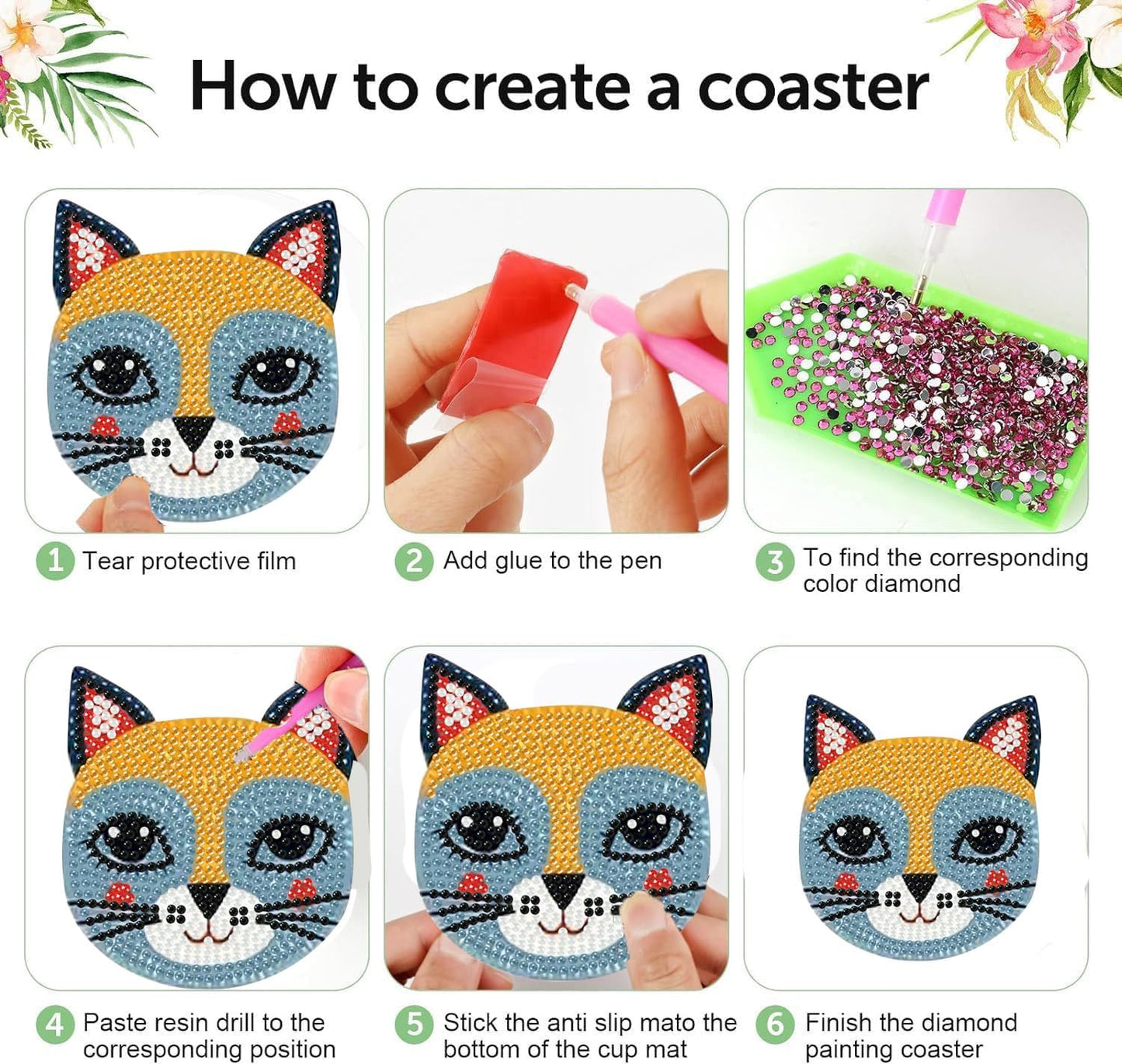 Meothan 6 Pcs Diamond Art Coasters Kits for Adults with Holder Cork Pads, Cats Diamond Dots Art Painting Coasters Crafts Kit for Home Office Decor Gifts (Cat Head Shaped)