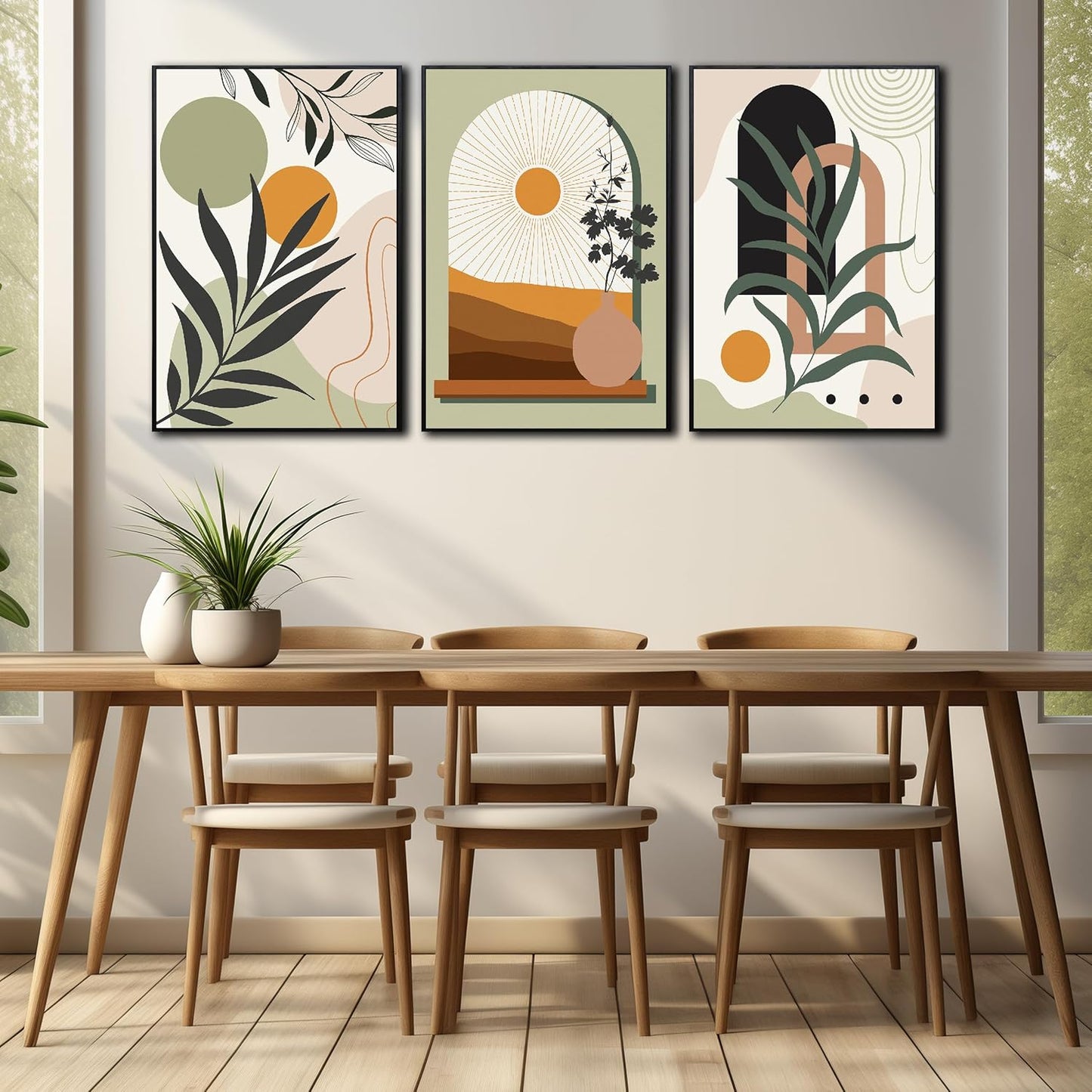 Green Boho Artwork for Walls Bohemian Wall Decor for Bedroom Plant Wall Art for Living Room with Black Frame Size 20 x 30 Inch 3 Panels