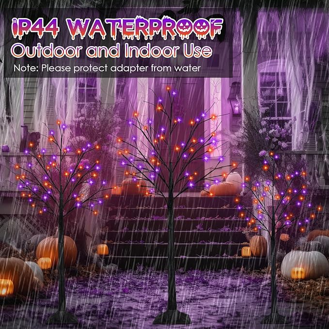 3-Pack 4FT 5FT 6FT Lighted Black Halloween Tree with Orange and Purple Lights (Higher Size and Floor Standing), Halloween Decorations Spooky Tree with Timer for Indoor Outdoor, Home Holiday Party