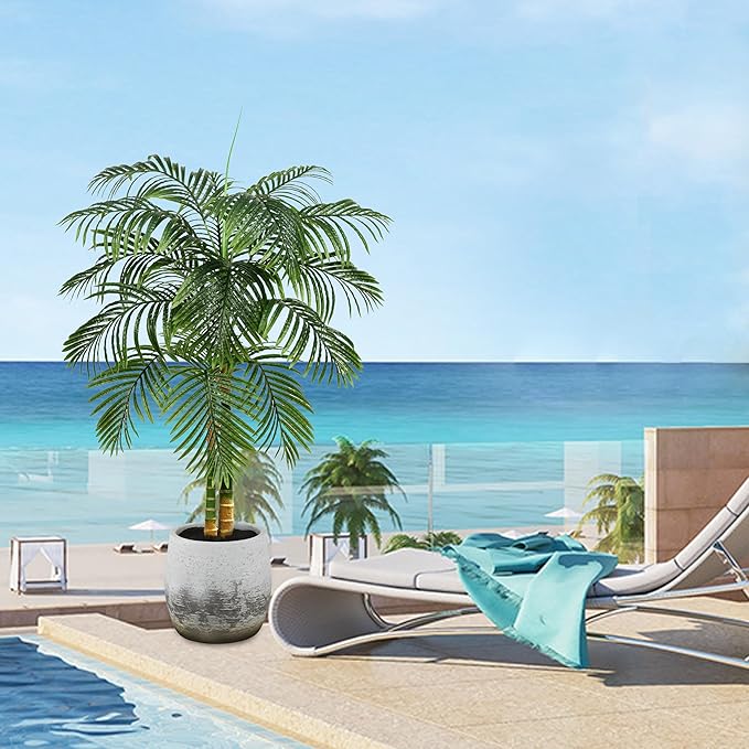 2PCS Artificial Palm Tree Indoor Plant 4FT Tall Fake Tropical Palm Tree in Pot with Real Bark Design Faux Areca Palm Tree for Home Office Living Room Bedroom Farmhouse Outdoor Decor (Black, 4FT-2PCs)