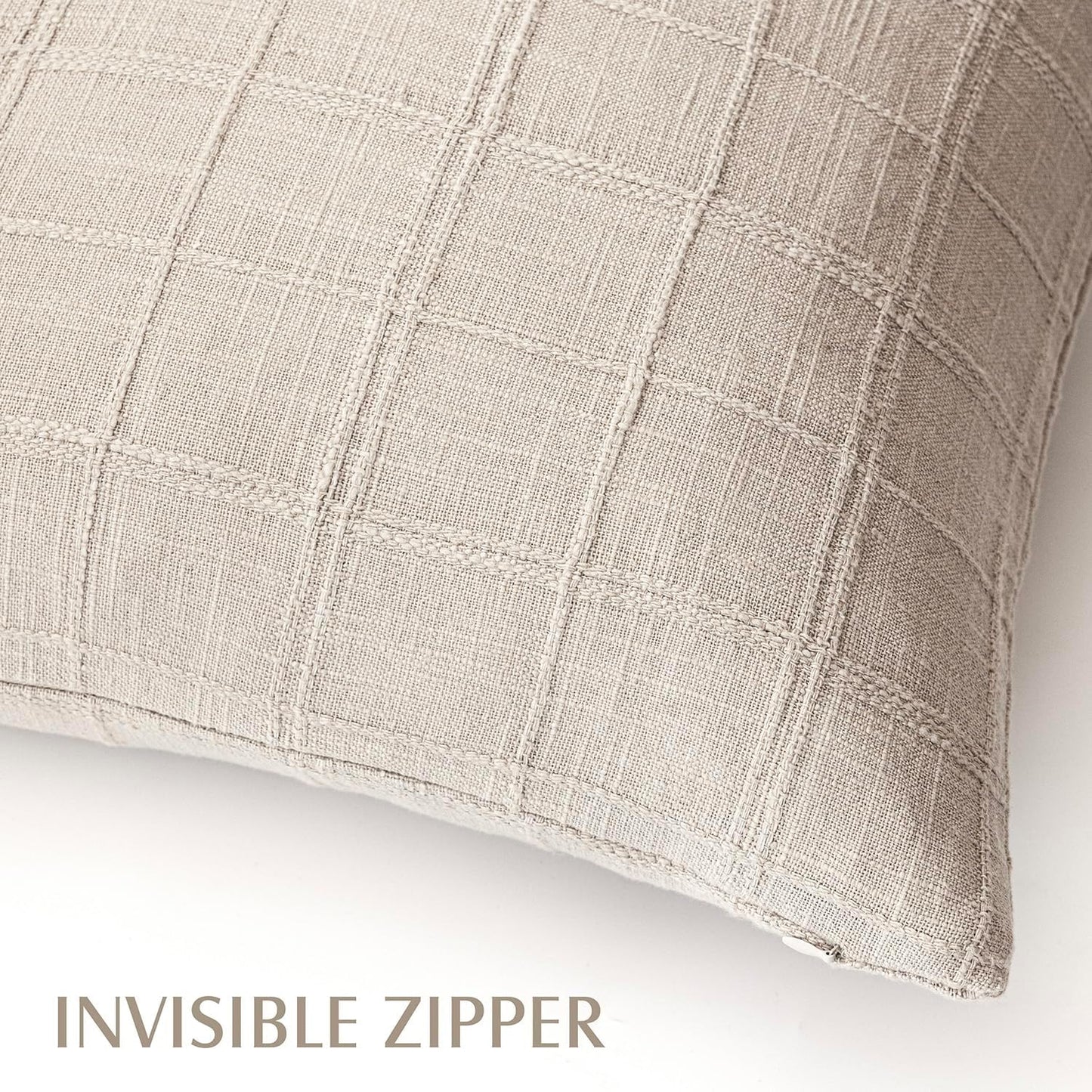 Foindtower Set of 2 Decorative Linen Check Throw Pillow Covers Neutral Farmhouse Vintage Cushion Covers Modern Boho Home Decor for Sofa Chair Couch Bedroom Living Room,24×24 Inch,Natural Linen