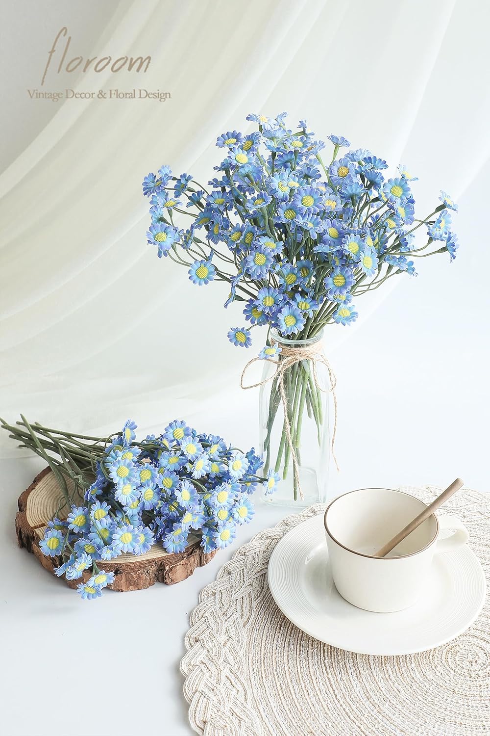 Floroom 24pcs Dusty Blue Small Artificial Flowers Faux Silk Daisies Fake Wildflowers with Stems for DIY Wedding Bouquets Floral Arrangements Party Decor Centerpieces Decorations (Vase Not Included)