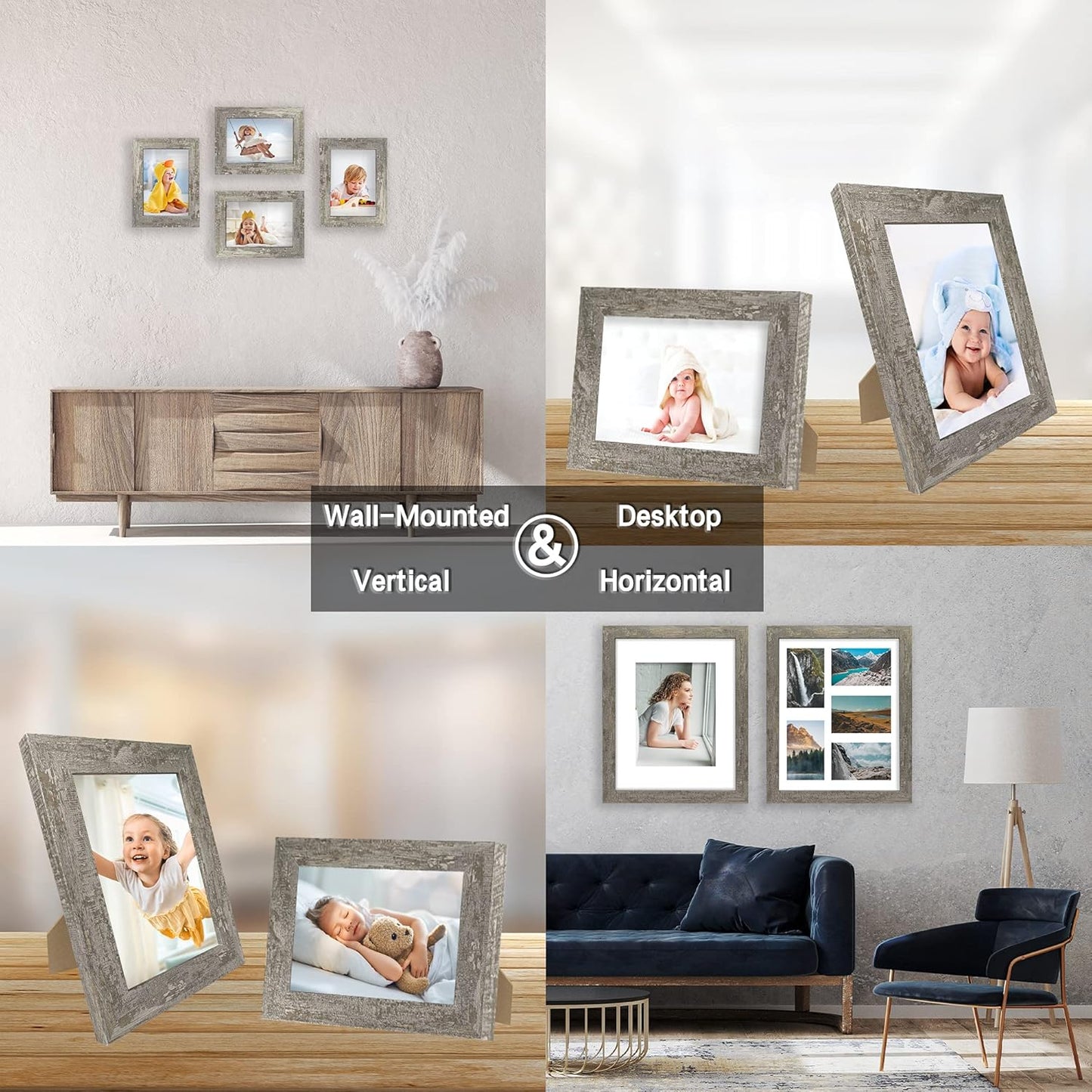 iRahmen 4x6 Picture Frame set of 4, High Definition Glass Distressed Moss Green Frame, 4 x 6 Wood Photo Frames for Desktop Display and Wall Mounting