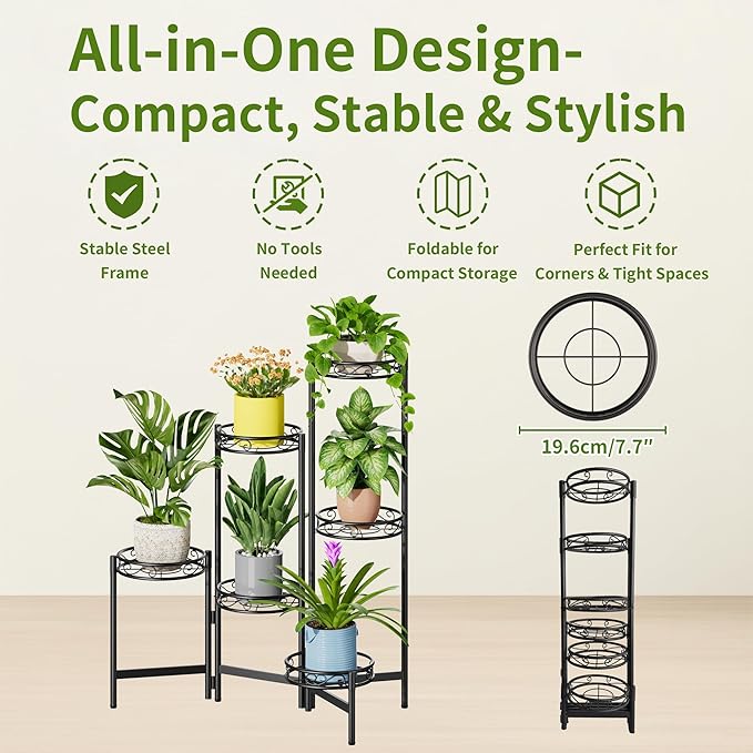 Plant Stand Indoor Outdoor, 6 Tier Metal Flower Shelf for Multiple Plants Corner Tall Floding Flower Holders for Patio Garden Living Room Balcony Bedroom - BlackCircle