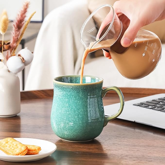 21 oz Large Ceramic Coffee Mugs, Pottery Mug Handmade, Ceramic Tea Cups with Handle for Office and Home, Dishwasher and Microwave Safe (Crystal Green)